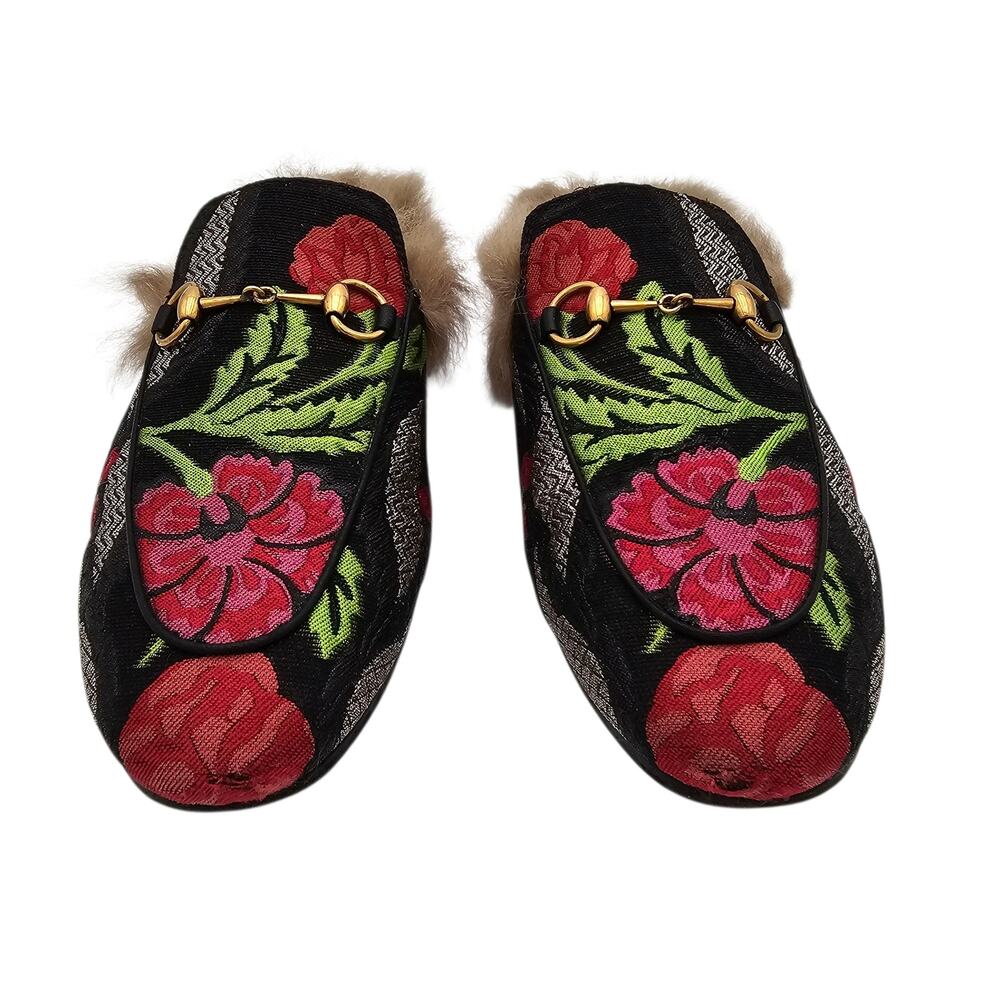 Gucci Princetown Horsebit Fur Lined Flat Mule Slipper Floral Black Size 38 US 8 - Picture 3 of 7